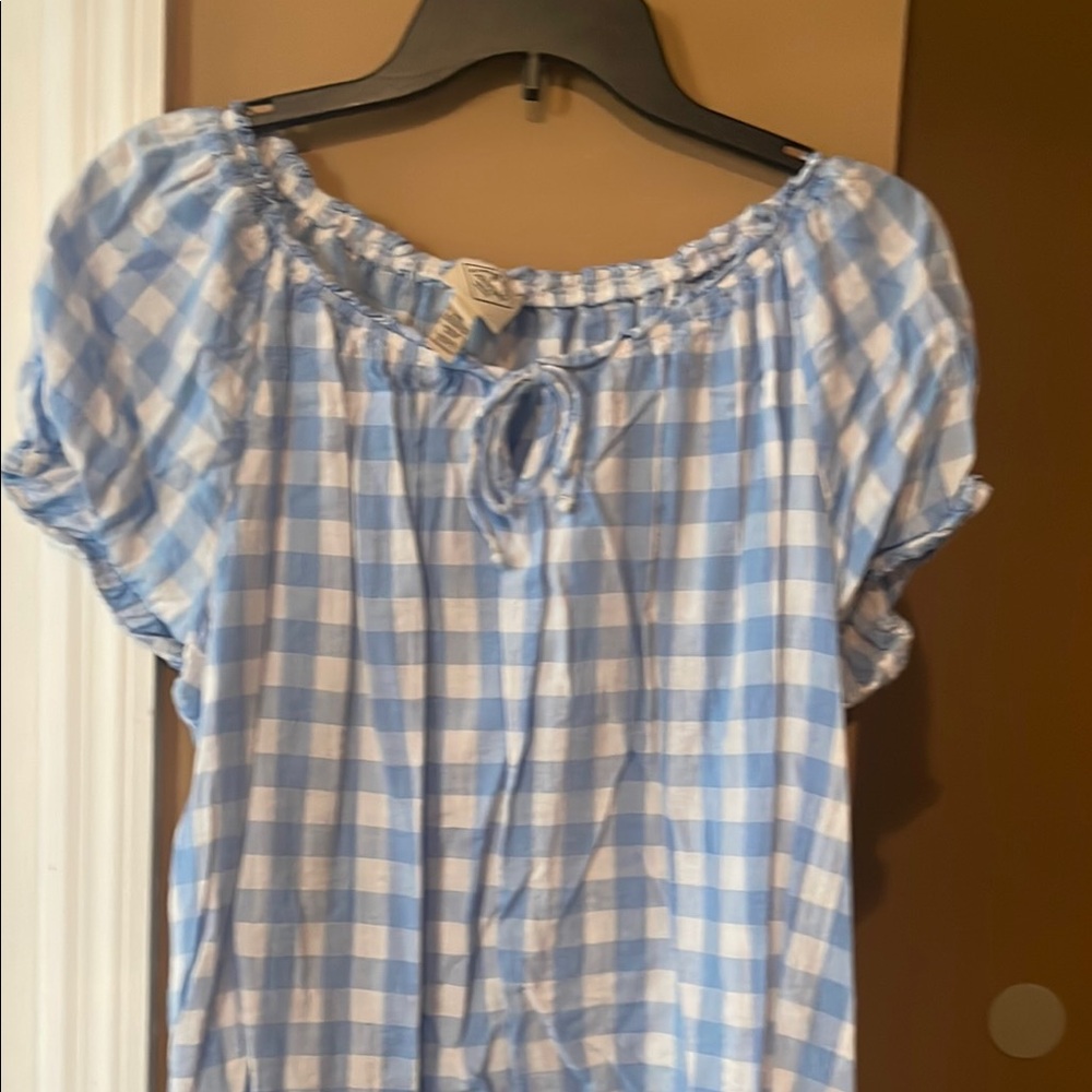 St. John's Bay Blue and White Flutter Sleeve Blouse with Tie Front